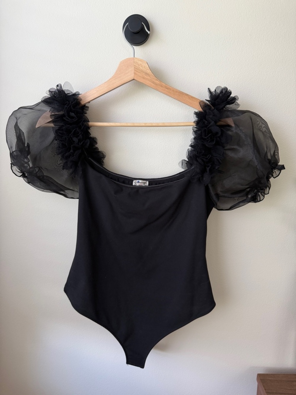 Free People Black Puff Sleeve Floral Strap Bodysuit